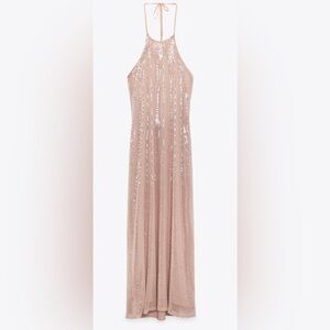 NWT Zara Midi Sequin Halter Low Back Pink Dress